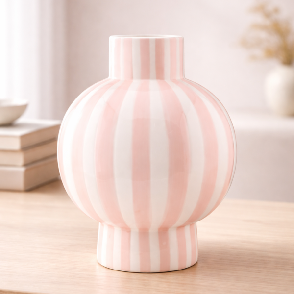 Rožinė dryžuota keraminė vaza su rutulio forma