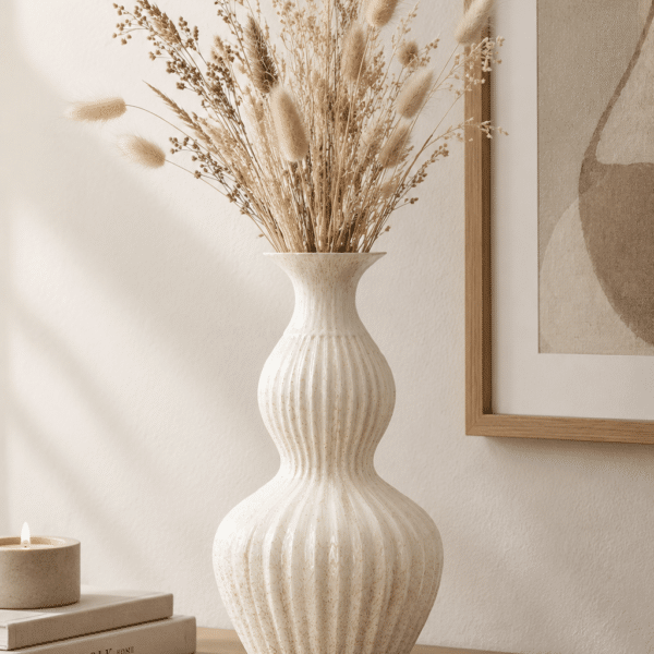 Smėlio spalvos keramikinė vaza, aukštis 39 cm.